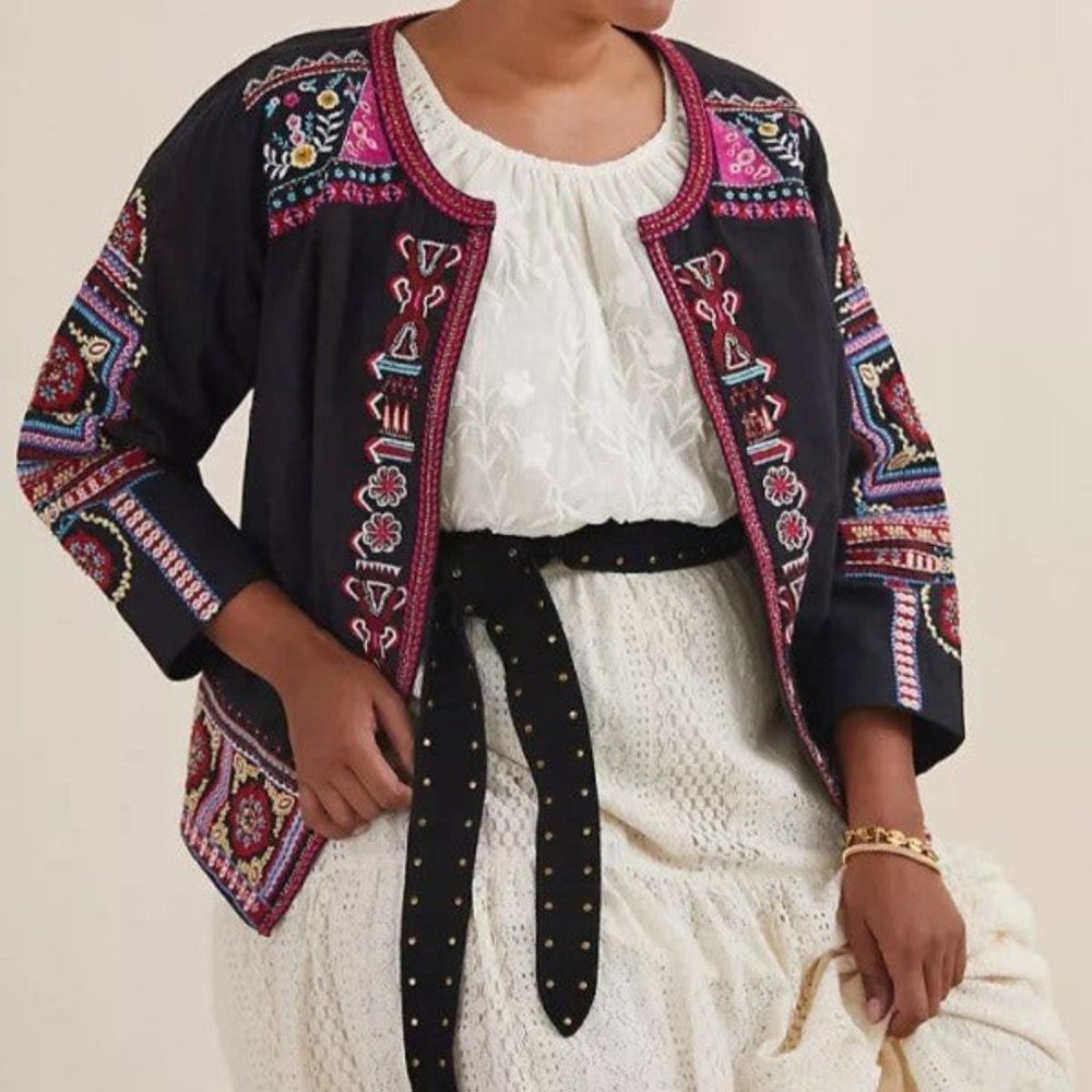 NTHR Women’s Open Front Embroidered Beaded Black Cotton Crop Jacket - Picture 3 of 12